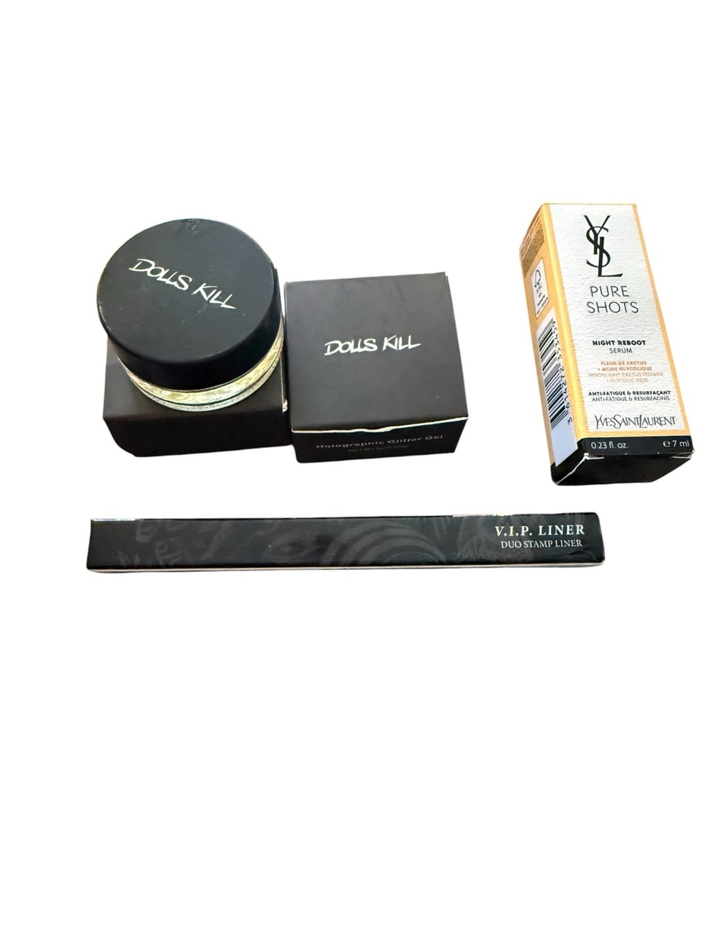 Dolls Kill Black Glitter gel, eye liner pen, YSL pure shots night serum, new
